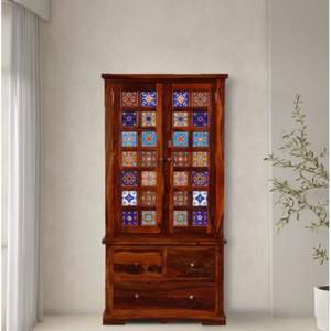 Armoire 2 portes de style traditionnel Siramika Chêne miel et finition teck provincial Bois de sheesham pour application dans la chambre à coucher - Product Image 1