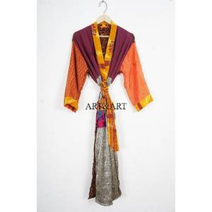 Women High Quality Soft Vintage <b>Thermal</b> Silk Maternity Gown Recycled Indian Silk Sari Kimono 2 Pocket Front Side Belt Bohemian - Product Image 1