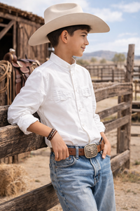 Nouvelle chemise de cowboy blanche pour adolescents, manches longues, en polyester/coton uni, style western décontracté, respirante, en popeline, pour le printemps - Product Image 4