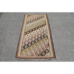 Tapis Kilim Turc Vintage Beige et Vert Patchwork Design 3.2X6 ft Tissage Plat Laine Jute Tapis pour Couloir Grande Taille Chambre Tapis - Product Image 1
