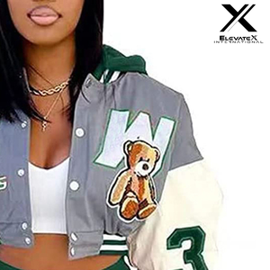 ELEVATEX INTERNATIONAL Women's Regular Varsity Jacket Hooded <b>Quilted</b> Solid Letter Patch Embroidered Full Sleeve Green Gray White - Product Image 2