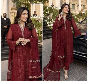 Vestido bordado de color rojo con mangas largas, traje paquistaní de 3 piezas, traje Salwar Kameez, ropa tradicional hecha a mano de diseñador - Product Image 2