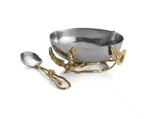 Bol de service moderne et luxueux en acier inoxydable avec piédestal de branche en feuille d'or Bol à fruits unique avec cuillère en forme de branche d'or - Product Image 5