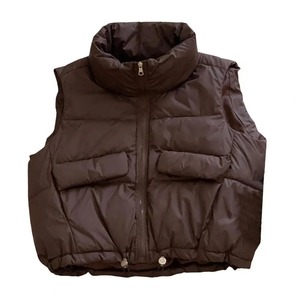 2024 Cotton <b>Waistcoat</b> Stand Collar Sleeveless Zipper Placket Pockets Drawstring Loose Fit Solid Color Puffer Breathable Feature - Product Image 1