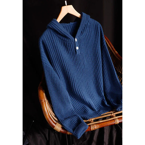 Sweat à capuche femme pull veste ample printemps et automne pure laine à capuche tricoté base décontractée avec capuche - Product Image 1