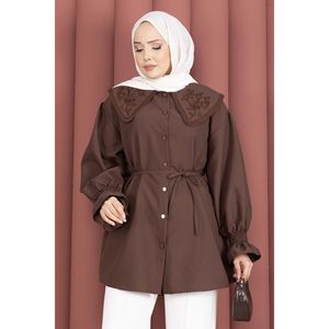 Túnica Formal Marrón para Mujer con Cuello Bordado, Cintura con Cordón Ajustable, Adornos Florales, Chifón, Tejido de Rayón, Tallas XS-XL, Ideal para Fiestas - Product Image 4