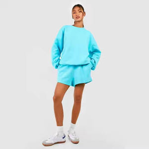 2025 Conjunto de sudadera y pantalones cortos de 2 piezas para mujer Cuello redondo para mujer con conjuntos de manga con hombros caídos - Product Image 2
