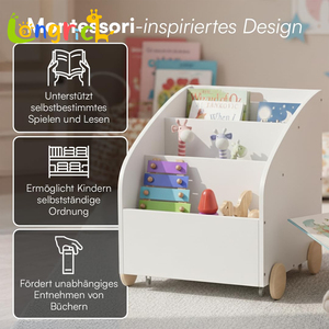 Estantería <span class=keywords><strong>Infantil</strong></span> de Madera <span class=keywords><strong>con</strong></span> <span class=keywords><strong>Ruedas</strong></span>, Estante para Niños <span class=keywords><strong>con</strong></span> 3 Compartimentos para Libros y Almacenamiento de Juguetes - Product Image 3