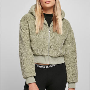 Veste à capuche en polaire olive clair pour femmes, fermeture éclair, vêtement d'extérieur en sherpa, coupe courte, manches longues, douce, chaude, confortable, décontractée, automne, hiver, couche - Product Image 2