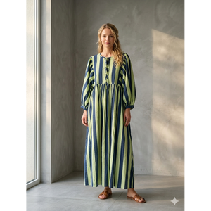 Vestido Maxi a Rayas Azul Marino y Verde Lima Pálido, Diseño Personalizado, Estilo Boho, Cintura Imperio, Transpirable, para Uso Diario, ODM - Product Image 1