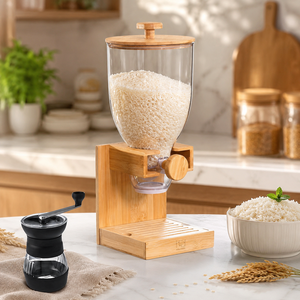 Bamboo Cereal Dispenser Rice Container With Glass Bottle Stand Set Kitchen Pantry Food Storage For Restaurant Home Wholesale OEM