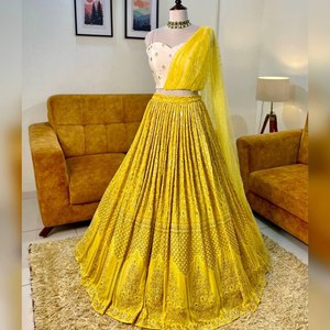 Dernière Ethnique Georgette Lehenga Soie Rayonne Contraste Dupatta pour Femme Design Exclusif pour les Mariées Occasions Spéciales Indiennes - Product Image 3