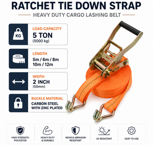 50mm Industrial Cargo Ratchet Strap 5000kg 5m/6m/8m/10m/12m Polyester Tie Down <b>Belt</b> Flat Hooks Vietnam Factory Supply - Product Image 2