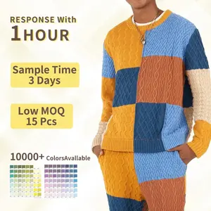 Custom Fashion Men Knit Cotton Jumper Pullover Men 's Cable Color Block Patchwork Knitted Sweaters Set