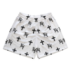 Design personnalisé High Street Solid Mesh Croix Shorts Noir/Blanc pour hommes Transfert de chaleur Imprimé avec poches à fermeture à cordon de serrage - Product Image 5