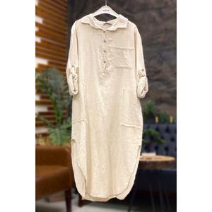 Yakalı Düğmeli Cepli Uzun Keten Elbise - Product Image 6