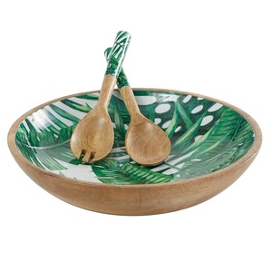 Bol de service en bois de mangue personnalisé dernier plat enduit d'émail pour servir bol de service de fruits à soupe en gros. - Product Image 1