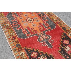 Vintage Turkish <b>Wool</b> Large Area Rug 4.4 X 9.4ft <b>Red</b> Orange Patchwork Design Latex Backing 10mm Thickness for Hallway Room Decor - Product Image 5