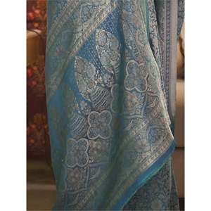 Precioso Sari de Seda Tejida Azul Verde Azulado con Blusa para Bodas - Product Image 4