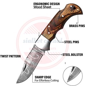 Couteau de poche damas fait main couteau de survie pliant de camping en plein air damas avec gaine en cuir et manche en bois - Product Image 6