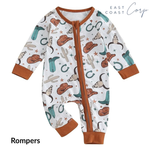 เสื้อผ้าเด็กสไตล์ตะวันตกชุดรอมเปอร์มีซิปพิมพ์ลายวัวสำหรับเด็กแรกเกิดทุกเพศ - Product Image 3