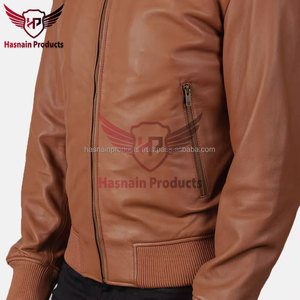 <b>Mens</b> Real Tan <b>Leather</b> Bomber <b>Jacket</b> Ribbed Collar Zipper Side Pockets Sheepskin Cognac Flight Coat Custom Brown Winter Outerwear - Product Image 6