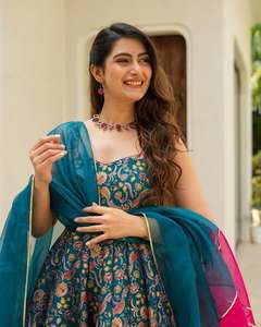 Élégante Robe Anarkali Bleu Roi à Motifs Floraux pour Femme Tenue Indienne Ethnique Traditionnelle et Festive avec Dupatta Salwar pour Mariage - Product Image 5