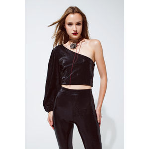 Haut court noir asymétrique à une épaule avec détails pailletés, silhouette droite, taille naturelle - Product Image 3