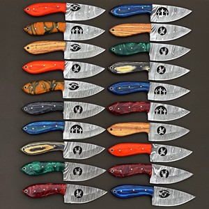 Nordic Forge Set of 20 Skinner Utility <b>Knife</b> Damascus Steel EDC Fixed Blade Wood Handles OEM Random Color with Leather <b>Sheath</b> - Product Image 2