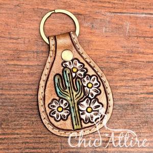 พวงกุญแจรถยนต์หนังวัวทำมือแบบตะวันตกรูปกระบองเพชรและกุญแจดอกไม้พวงกุญแจรถยนต์หนังวัวแท้สลักลายดอกไม้ทำมือทำด้วยมือ - Product Image 1