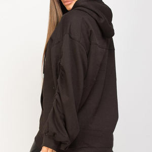 Sweat à capuche noir surdimensionné pour femme avec manches froncées anti-rides et respirant pour les entraînements de gymnastique d'hiver - Product Image 5