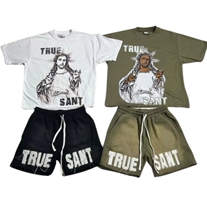 Ropa de calle de verano Vintage personalizada para hombre, conjuntos cortos de gimnasio y Fitness, camiseta y pantalones cortos transpirables con estampado lavado ácido, chándal desteñido por el sol - Product Image 1