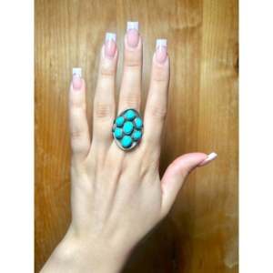 Emer Thompson Kingman Turquoise Sterling <b>Silver</b> <b>Boho</b> <b>Ring</b> Size 11.75 Smooth Cluster Marquise Shape Bezel Setting Everyday Wear - Product Image 5