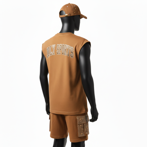 <b>Men</b> Sleeveless <b>T</b> <b>Shirt</b> and Short Set Cotton Polyester Smooth Fabric Brown Heat Press Logo <b>Men</b> Sleeveless <b>shirt</b> and Shorts Set - Product Image 5