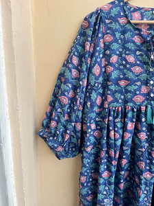 Bohème Floral Coton Maxi Robe Main Bloc Imprimé Indien Ethnique Casual Wear Techniques Brodées Gland Bouton 100% Coton - Product Image 2