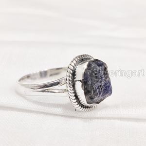 Anillo de Plata de Ley 925 con Zafiro Azul Natural en Bruto para Mujer, Joyería de Piedra Natural, Anillo Bohemio con Gema de Nacimiento de Septiembre - Product Image 1