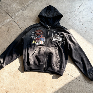 Custom Heavyweight Oversized <b>Zip</b> <b>up</b> Cotton Terry Streetwear <b>Vintage</b> Acid Wash Pullover Distressed Pocket <b>Hoodies</b> for Men - Product Image 2