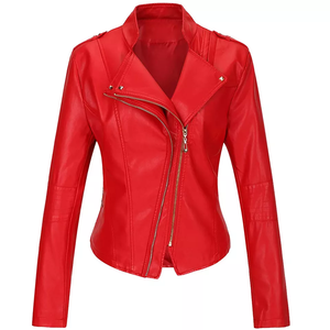 Venta al por mayor de alta calidad de la mujer corta PU Biker Jacket Soft Faux Leather Printed Fabric Stand Collar Cremallera Botones de invierno - Product Image 5