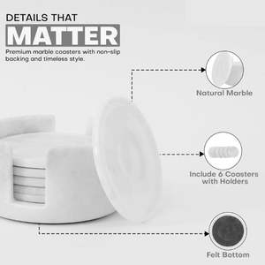 White Classic <b>Marble</b> <b>Coasters</b> Set of 6 with Holder Round Drink <b>Coasters</b> Eco-Friendly - Product Image 5