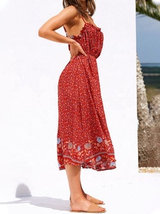 Red Boho Floral Chiffon Midi Dress <b>Spaghetti</b> <b>Strap</b> High Slit Asymmetrical Hem Loose Fit Summer Casual Women's Rajasthan - Product Image 3