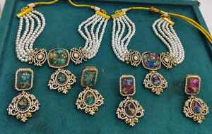 Ensemble collier et boucles d'oreilles en or moissanite de luxe en laiton de qualité supérieure, plaqué or, bijoux en perles, mariages, anniversaires - Product Image 3