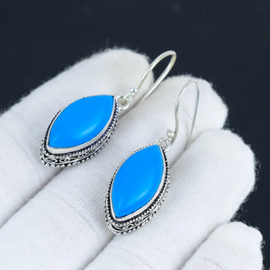 Precio al por mayor Vintage hecho a mano 925 gota de plata sólida pendiente azul turquesa forma ovalada piedra preciosa regalo cristiano clásico - Product Image 3