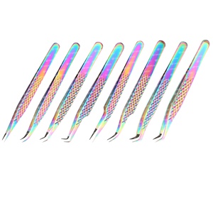 Pinzas de extensión de pestañas arcoíris de acero inoxidable a granel personalizadas, embalaje colorido puntiagudo para recoger extensiones de volumen de pestañas - Product Image 1