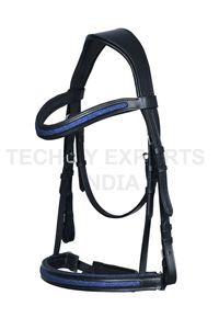 Bridon de cheval en cuir noir de qualité supérieure avec bandeau et bride de nez rembourrés à paillettes bleues - Product Image 2