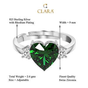 CLARA Boho Style 925 Sterling <b>Silver</b> Dark Green Heart <b>Ring</b> for Swiss Zirconia <b>Adjustable</b> Band Rhodium Gift for Women Girls - Product Image 5