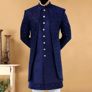 NAVY BLUE DESIGNER INDO WESTERN SHERWANI,SHRUG and <b>PANT</b> GROOM WITH EMBELLISHED DABKA,STONE WORK for WEDDING/PARTY-WEAR=2024 - Product Image 1