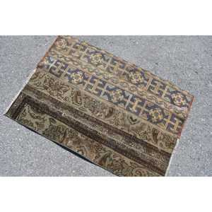 Vintage Turkish Small Rug 2.6x3.7 ft, <b>Brown</b> Blue Check <b>Wool</b> Rug - Product Image 4