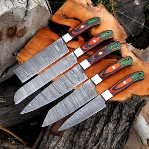 Juego de Cuchillos de Cocina de Acero de Damasco Hechos a Mano de Primera Calidad, 5 Piezas, Cuchillería Profesional para Chef, Ecológica, Ergonómica, con Mangos Ambidiestros - Product Image 3