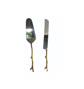 Juego de cuchillo y servidor de pastel de latón de acero inoxidable para bodas, fiestas de cumpleaños y eventos, mango de hoja de latón - Product Image 1
