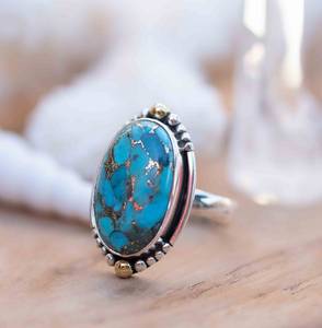 Bague ovale en cuivre et turquoise, en alliage de métaux (argent sterling 925 et laiton), faite à la main, pierre de naissance de décembre, idée de bijou fantaisie, cadeau - Product Image 1